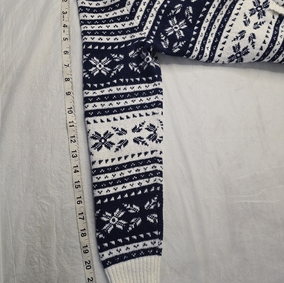 Lands' End Fair Isle Sweater Open Cardigan Navy Ivory Nordic Print Cabincore M - Picture 13 of 13
